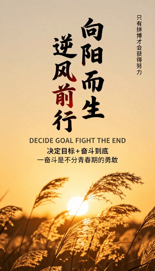 励志摄影素材：金色日落芦苇励志海报：向阳而生逆风前行