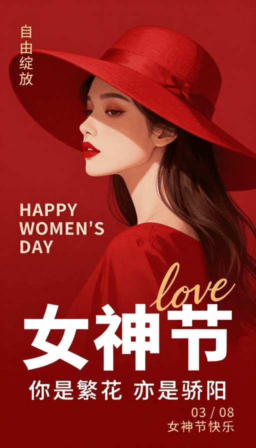 轻奢风格素材：女神节红色浪漫插画海报设计