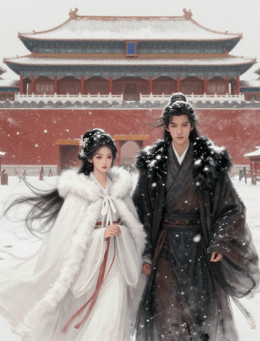 冬季雪景素材：暗红宫墙风雪双影：古风插画