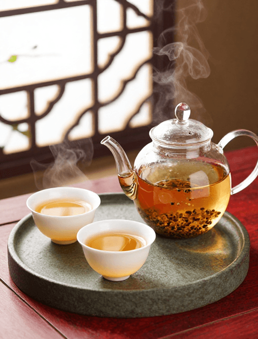 晨雾光影素材：古风茶韵：红木与琉璃的晨间静物之美