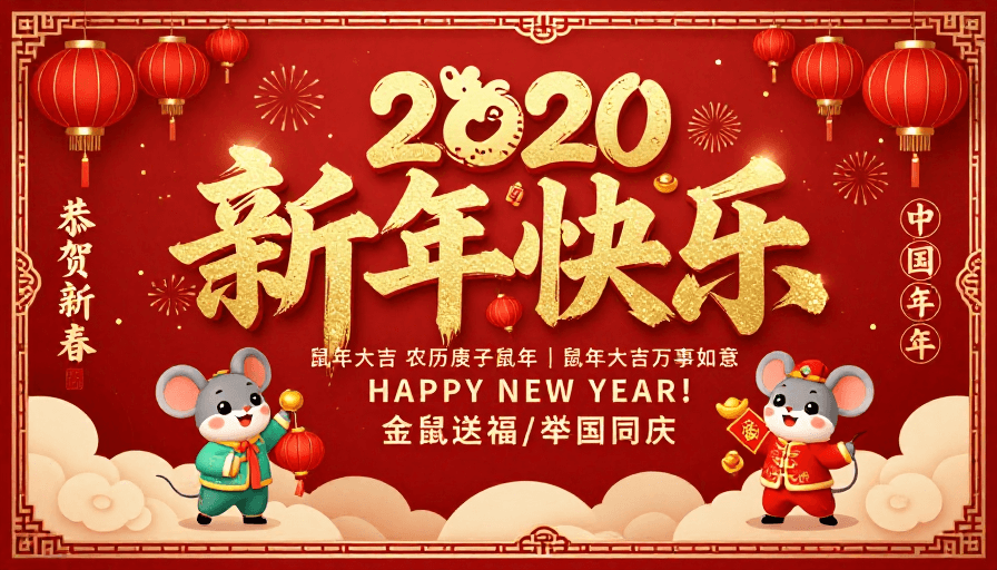 中国风新年素材：2020鼠年新春海报，红色中国风金箔贺卡设计