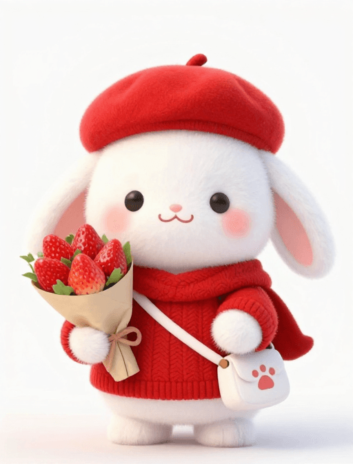 艺术作品素材：萌趣Q版小白兔：红帽草莓花束的梦幻瞬间