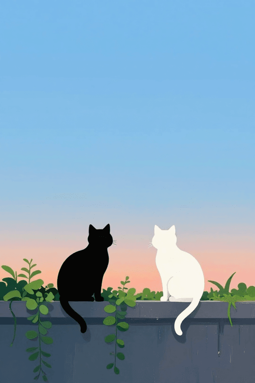 插画素材：极简治愈：黑猫白猫蹲绿植墙头插画