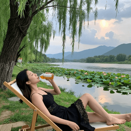 中国女性素材：夏日湖畔清凉时光：黑衣佳人静享午后
