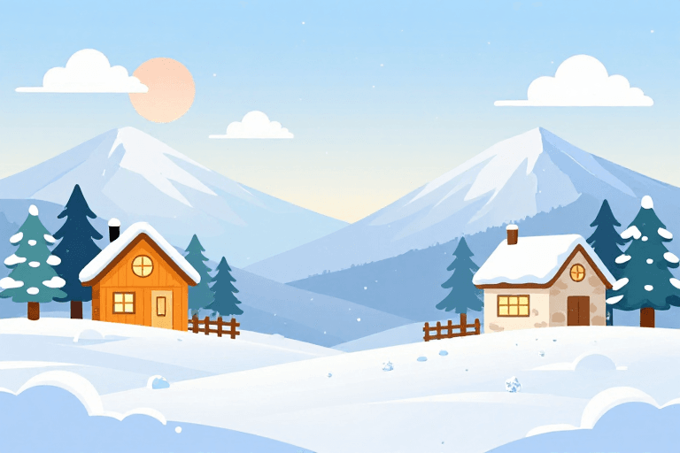 矢量设计素材：冬日雪景温馨小屋插画背景图