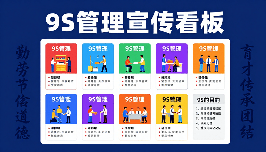 信息图表素材：深蓝色9S管理看板：勤劳节俭与团结传承的视觉宣言