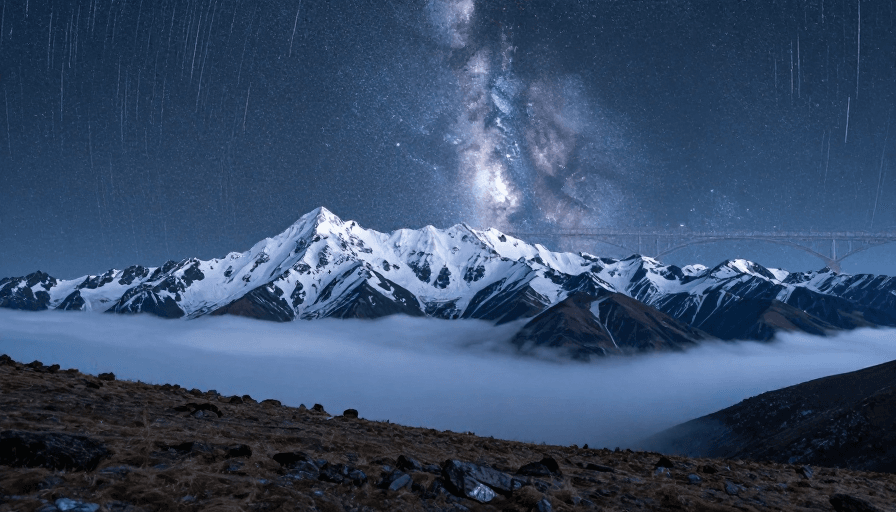 天文科普素材：雪山银河：冷调夜境下的云上仙境风光