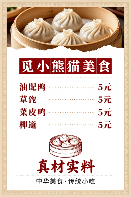 中式美食素材：中式传统美食菜单海报：暖色调米白深红配色
