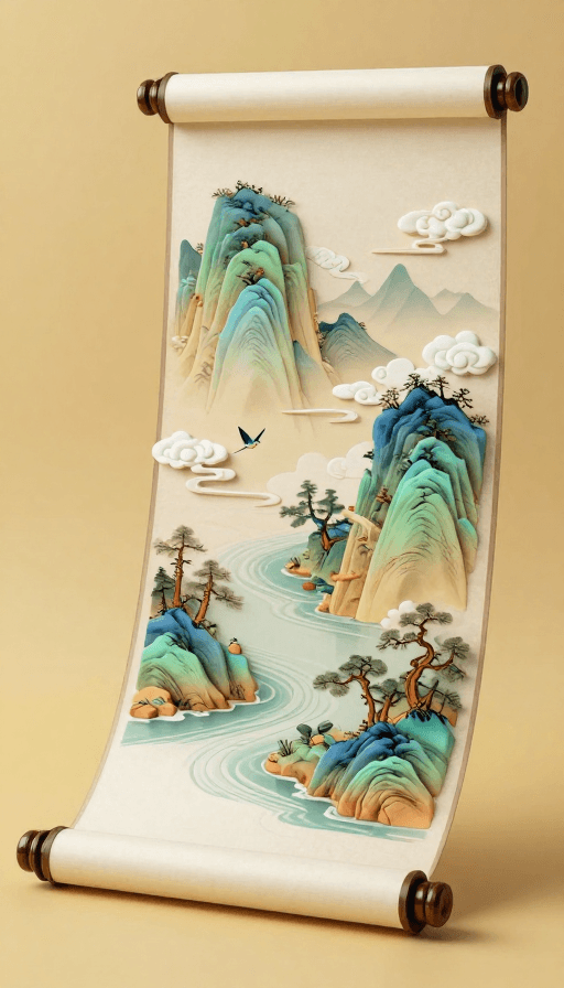 卷轴设计素材：国风3D卷轴山水：金色背景下的禅意超现实画卷