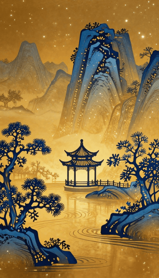 中式工艺素材：琥珀光晕下的青花山水：东方美学与数字科技交融
