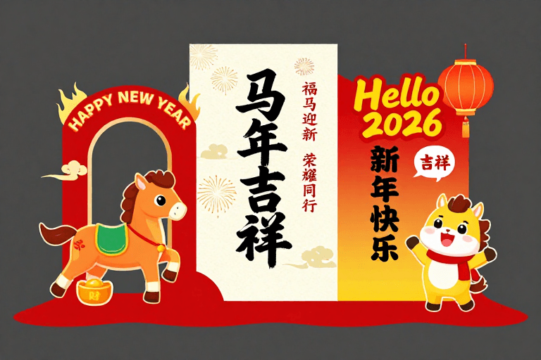 新年主题素材：新年喜庆红金立体展陈设计，融合传统与现代