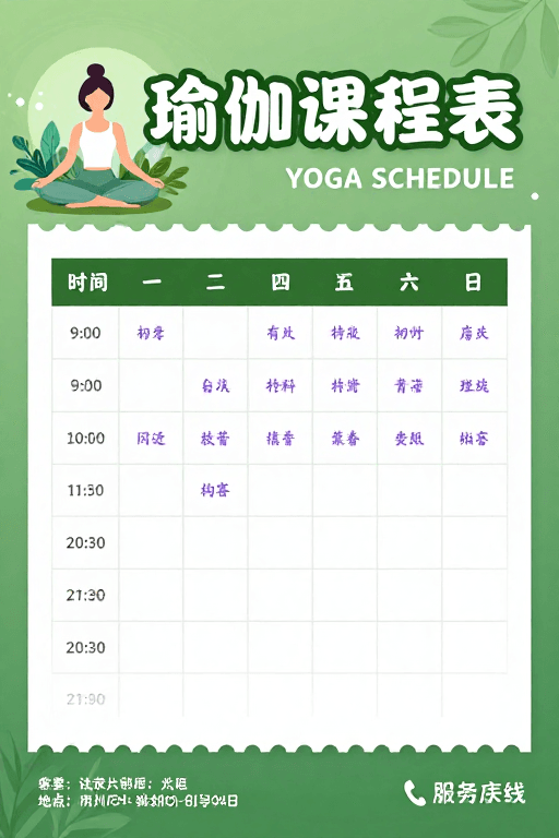 健康生活方式素材：清新绿色瑜伽课程表海报设计