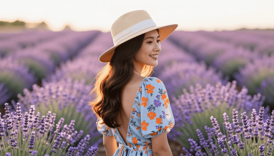 薰衣草花田素材：薰衣草花海回眸：暖阳下的优雅瞬间