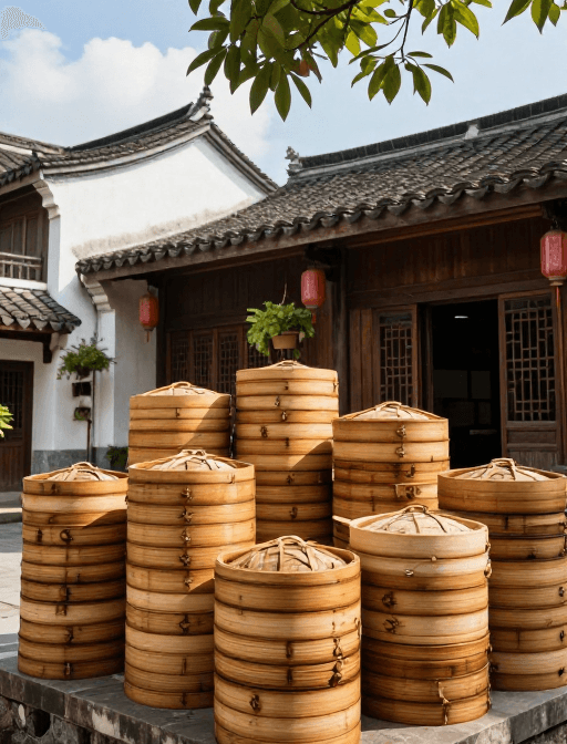摄影作品素材：竹韵古院：传统蒸笼堆叠意境图
