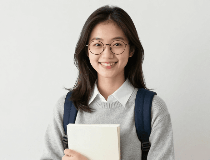 纯色背景素材：清新校园女神：红框眼镜下的专注微笑