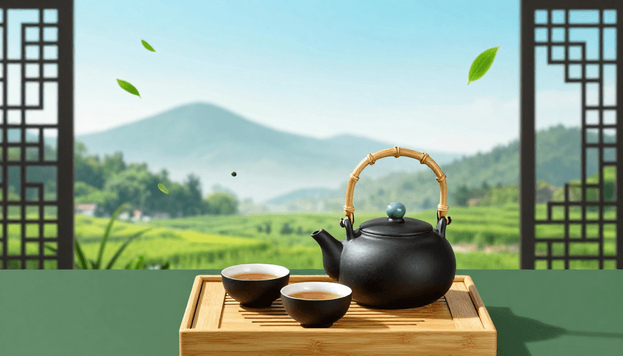 青绿色调素材：东方禅意茶禅意境：青竹茶具田园静景