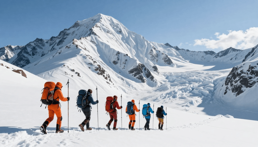 登山探险素材：橙红蓝登山队征服雪山主峰 冰川景观震撼