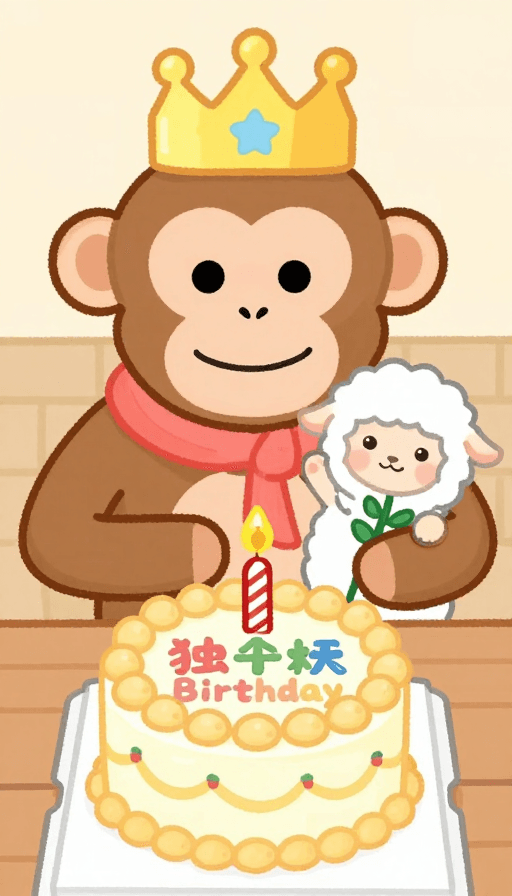 生日庆祝素材：猴子生日派对：皇冠蛋糕羊送花庆祝