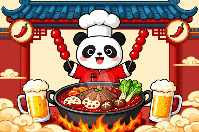中式餐饮素材：国潮熊猫厨师盛宴：麻辣火锅与糖葫芦的美味狂欢