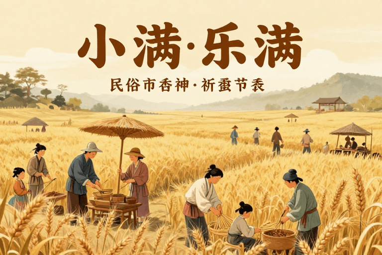 古风插画素材：小满祭车神祈蚕福 古风田园画卷