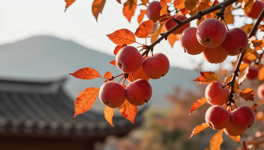 暖色调构图素材：金秋硕果：逆光下的丰收果园特写