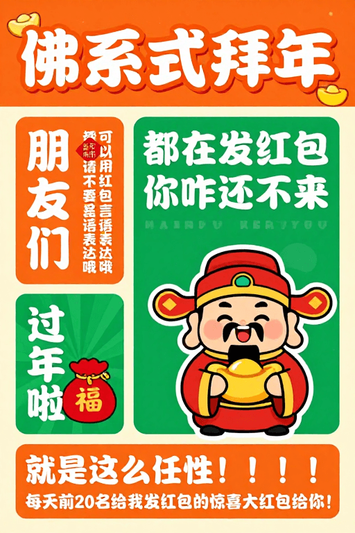 插画风素材：佛系拜年欢乐海报：橙红绿彩新年祝福