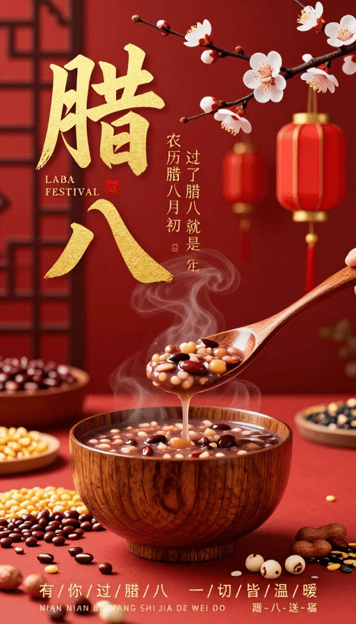 暖色调设计素材：腊八节红金中国风海报，暖香传递年味与祝福
