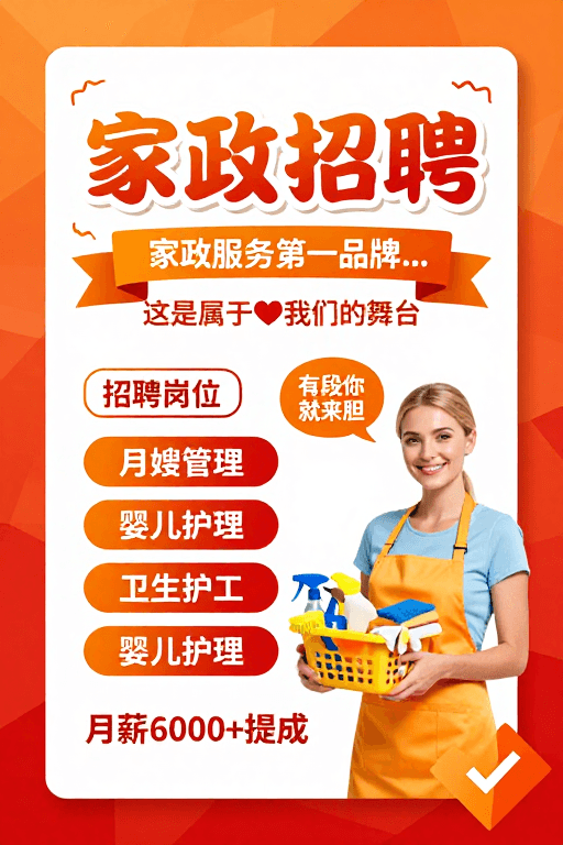 宣传海报素材：橙红暖调家政招聘海报：温馨专业，诚邀您加入