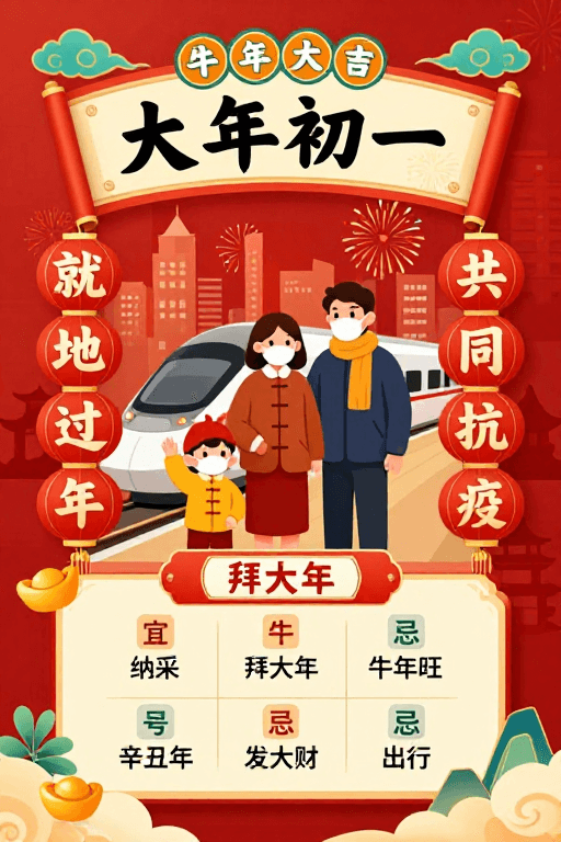 防疫主题素材：牛年春节海报：防疫团圆共绘喜庆