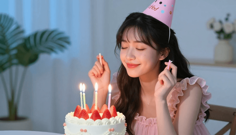商业宣传素材：温馨生日人像：粉嫩少女烛光许愿