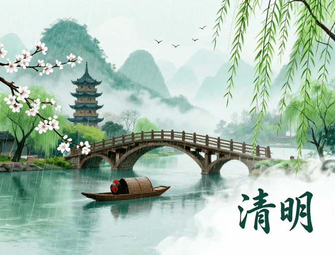 传统建筑素材：清明烟雨江南樱韵水墨画卷