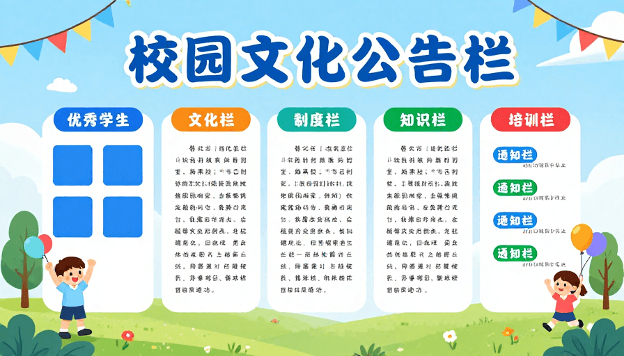 信息展示素材：活力校园文化公告栏童趣插画海报