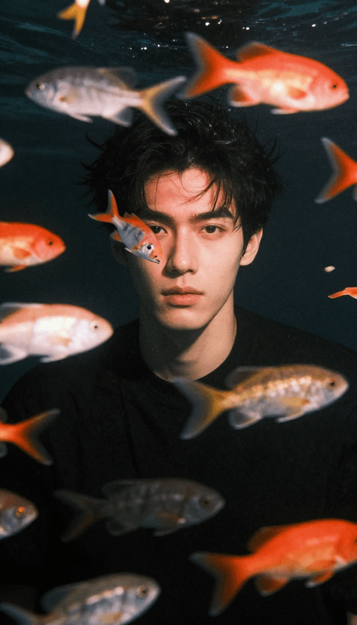 深海场景素材：黑橙海渊：暖光下的绅士与鱼群奇幻瞬间
