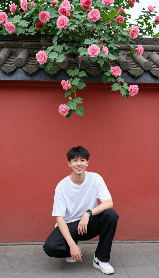 古风少年素材：明风华韵：少年芙蓉花与古街光影