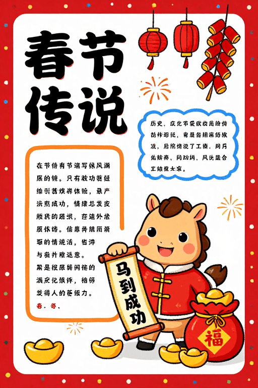 文化海报素材：春节传说手绘海报：红金喜庆与传统文化融合