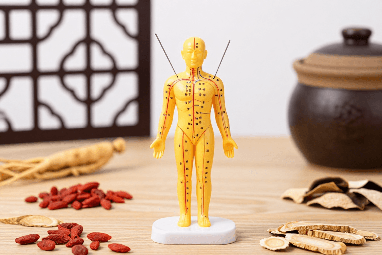 暖光照明素材：中医针灸模型高清实拍，经络穴位药材细节