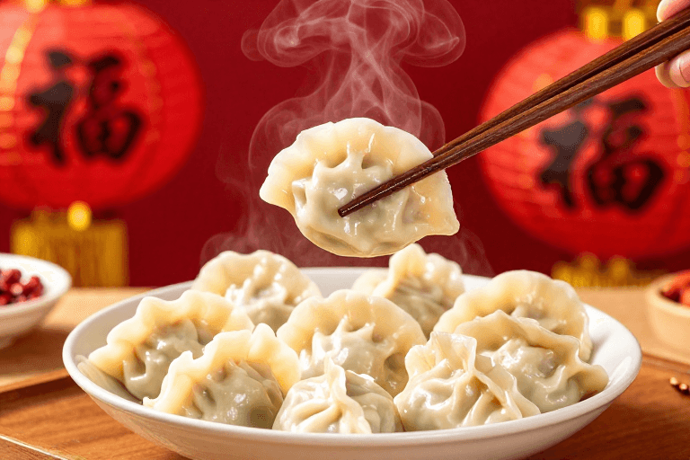 饺子素材：热气腾腾的饺子：春节暖红灯笼盛宴