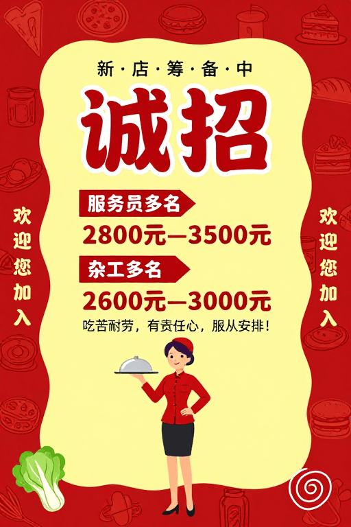 插画风素材：红黄活力餐饮海报·诚招服务员与杂工