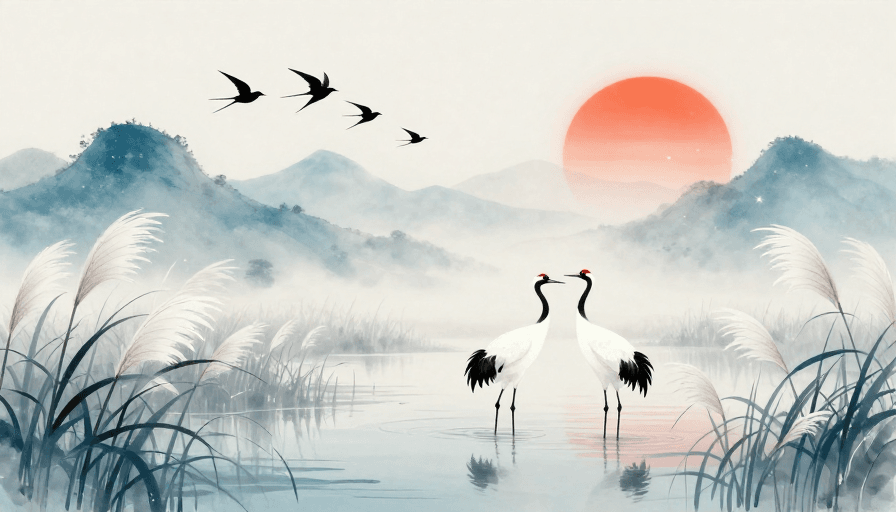 水墨插画素材：水墨意境：青峦落日与丹顶鹤的静谧画卷