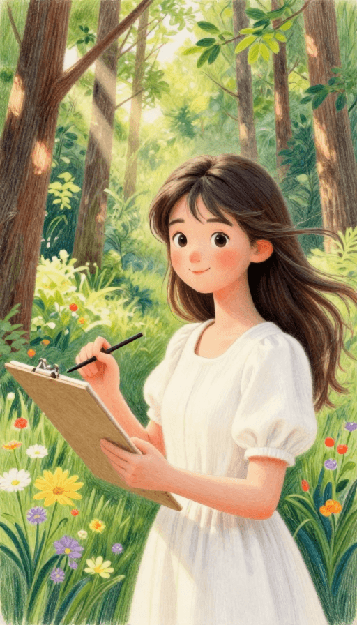治愈系插画素材：彩铅少女森间绘梦：治愈系3D人像插画