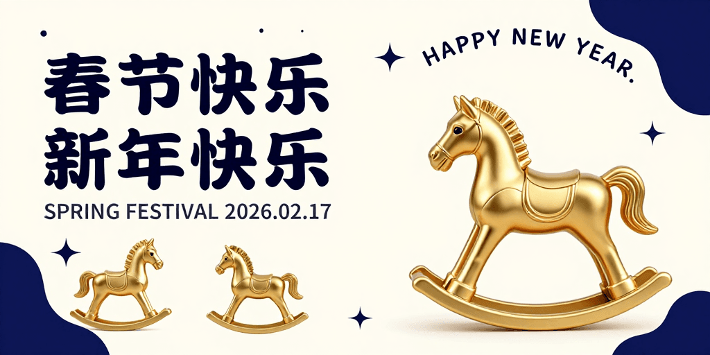 春节海报素材：深蓝米白春节海报：复古金属摇马与现代设计融合