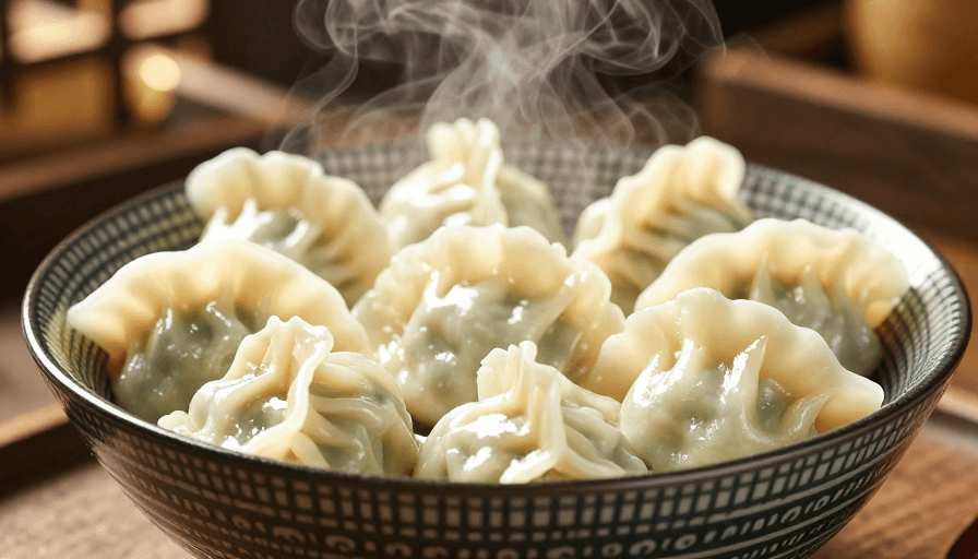 特写镜头素材：暖光蒸饺特写：传统美食的诱人魅力