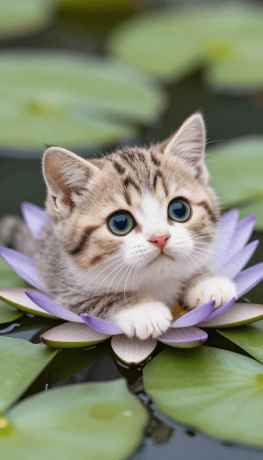 萌系动物素材：萌趣Q版小奶猫卧睡莲，明亮双眼超可爱