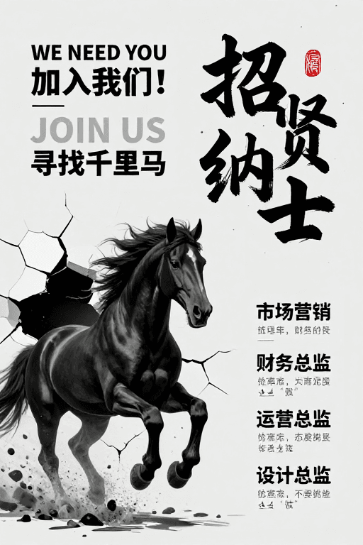 视觉张力素材：东方书法邂逅奔马破墙：现代招聘海报设计