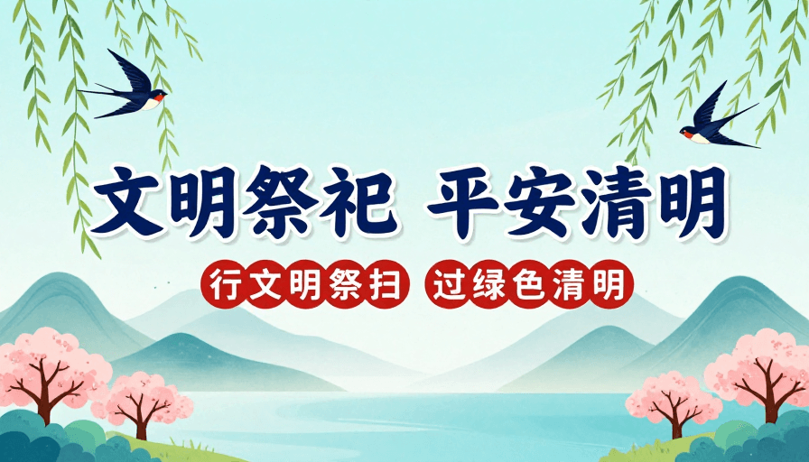 山水剪影素材：清新春日文明祭祀海报：中国风绿色清明创意插画