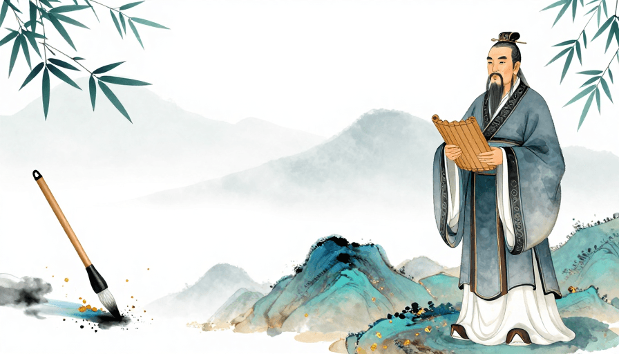 山水背景素材：古韵新绘：孔子山水水墨意境插画