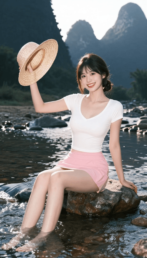 喀斯特地貌素材：喀斯特溪畔黑发少女轻快挥手