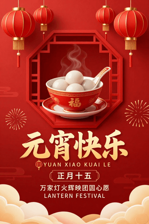 元宵节素材：元宵佳节喜庆海报：传统红金融合艺术渲染团圆氛围