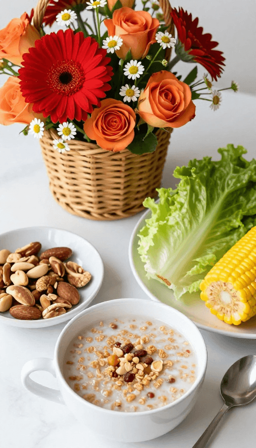 早餐摄影素材：晨光下的健康早餐：花篮与新鲜食材的写实摄影