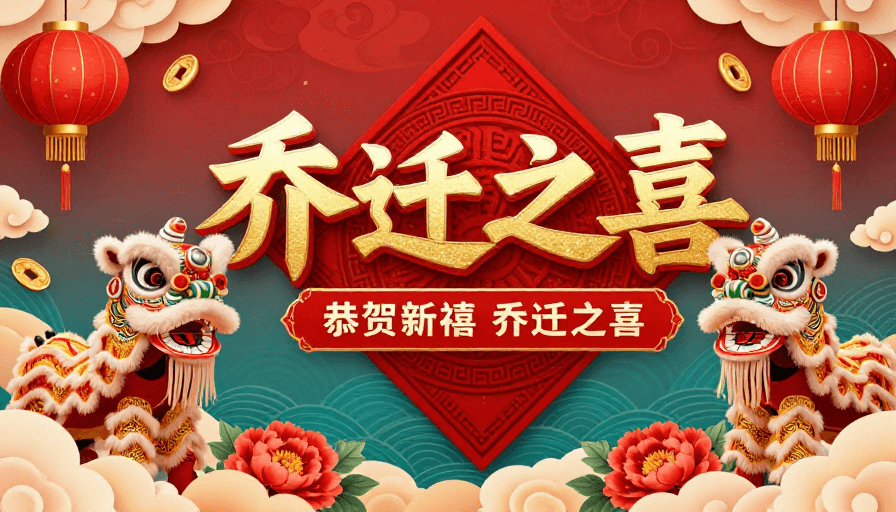 喜庆设计素材：朱红青绿撞色传统舞狮牡丹乔迁喜庆海报